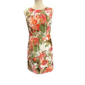 Dressbarn Coral Green Floral Sheath Dress – Size 10, Sleeveless, Pleated Neck